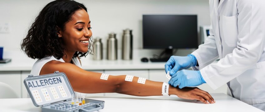 Young woman receiving skin patch allergy test from a healthcare professional. Doctor in lab coat applies allergen samples to patient's forearm in clinic. Medical immunology diagnostic concept.
