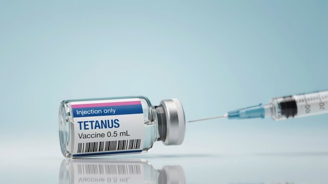 Tetanus vaccine glass vial with liquid next to syringe needle on blue background health care medical supplies