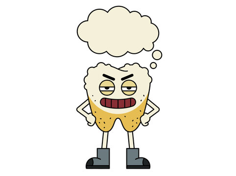 Grumpy Yellow Stained Tooth Cartoon Character with Blank Thought Bubble