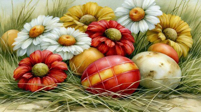 Garden Easter egg hunt scene with vibrant flowers and hidden eggs, designed as a festive greeting card for children 