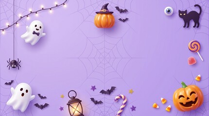 Fototapeta premium Halloween party frame with cute ghost pumpkin cat and candy on a purple background