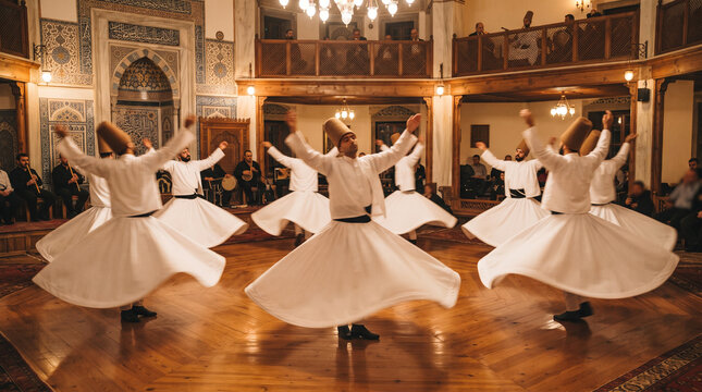 Whirling Dervishes Performing Traditional Sufi Dance in Historic Mosque