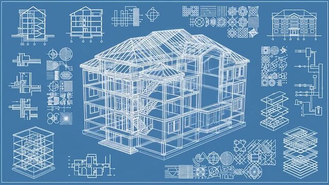 Architectural blueprint showing a building construction process