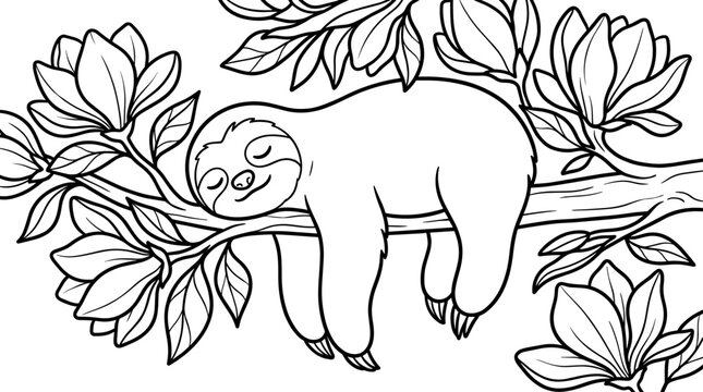 Cute cartoon sloth hanging from a tree branch with flowers, simple line art illustration for coloring