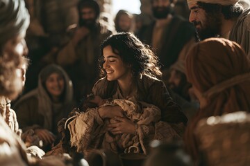 Fototapeta premium Joyful mary holding baby jesus, surrounded by joseph and onlookers, warm biblical scene