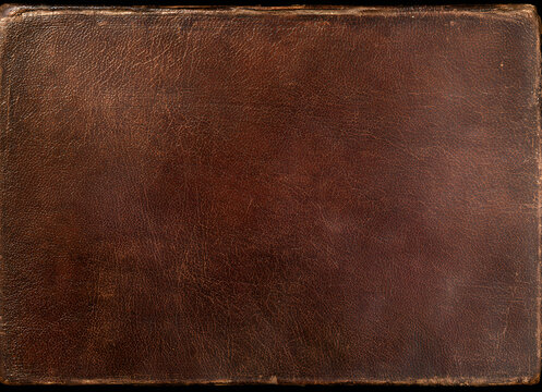 Weathered antique brown leather book cover featuring natural fibers, fine pores, and abraded edges.