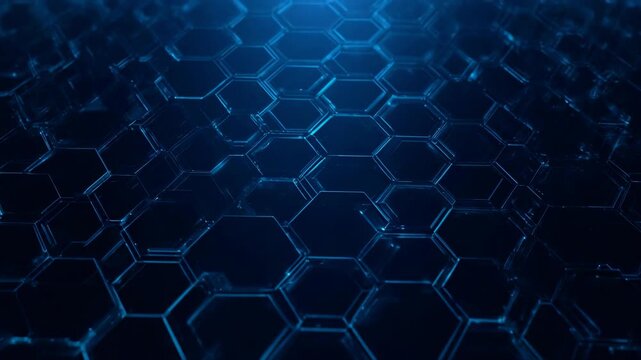 Abstract blue hexagonal pattern with light streaks moving forward in darkness a technological concept