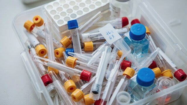 Top view of medical plastic container with various lab test tubes and vials laboratory research clinical
