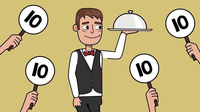 2D animation of a waiter holding a silver serving platter surrounded by hands holding ten score signs perfect review