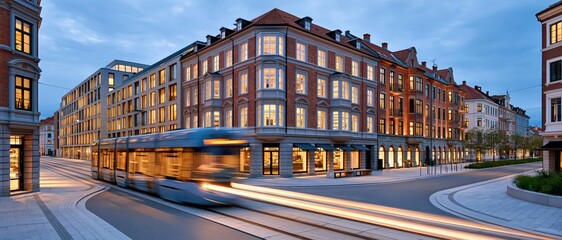 Obraz premium Tram passing quiet street at dusk with warm lit windows and motion blur