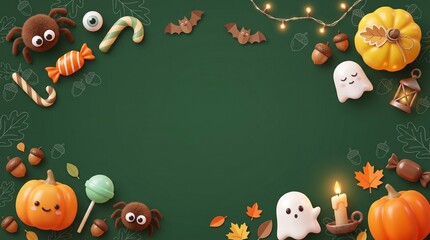 Fototapeta premium Cute halloween background with pumpkins ghosts candy and autumn leaves arranged as a border on a dark gray surface for holiday celebration