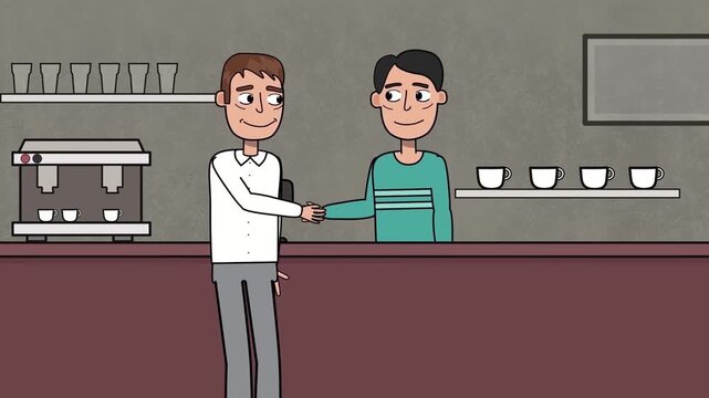 2D animation of two business partners shaking hands across a cafe coffee bar counter agreement partnership concept
