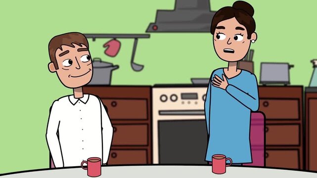 2D animation of a couple having a tense argument in a kitchen room relationship conflict communication problem