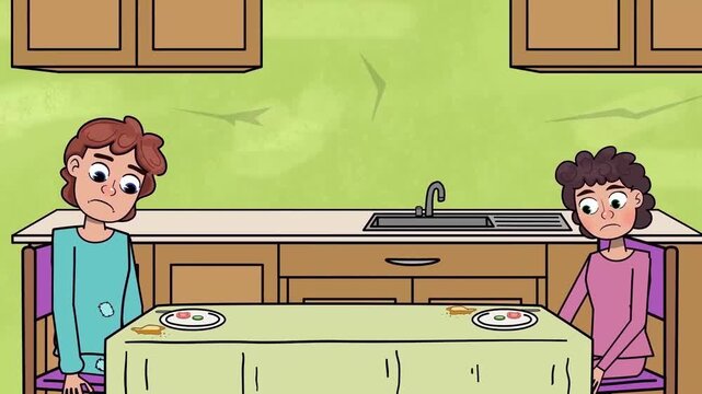 2D animation of two kids sitting at a kitchen table eating dinner food together domestic family life scene