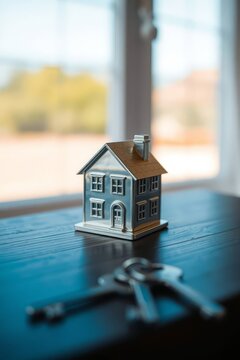 Miniature silver house model with keys on a dark table near window