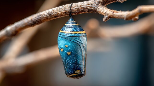 Blue and gold butterfly chrysalis hangs delicately from a brown branch, symbolizing transformation and natural beauty