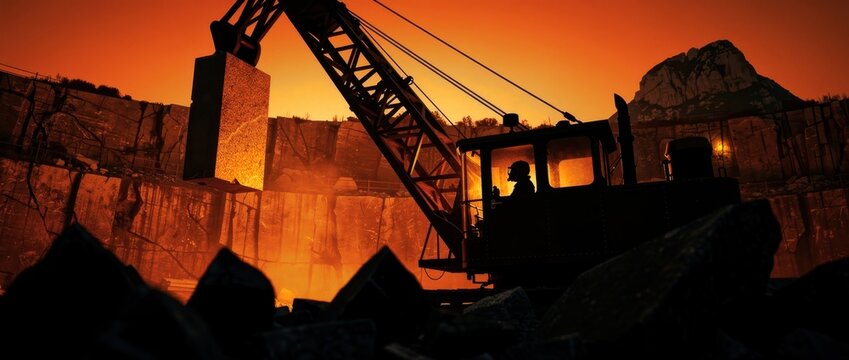 Crane lifting stone block in quarry at sunset. Silhouetted operator works within cabin in rugged mining landscape. Heavy industry concept for construction and raw material marketing.