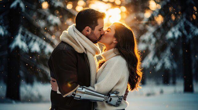 Man with bionic prosthetic arm kissing woman in a snowy winter forest. Young couple embracing during golden hour sunset with bokeh lighting. Inclusive romance and future technology concept.