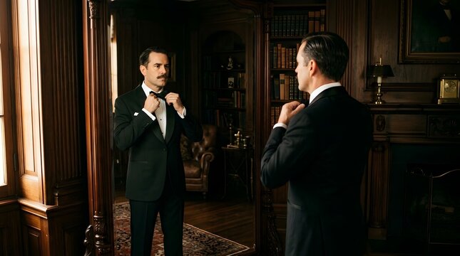 Elegant Man in Tuxedo Adjusting Bow Tie in Vintage Library Mirror