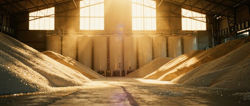 Industrial silos stand behind granulated material in a sunlit warehouse. Golden light illuminates dust and bulk storage inside a factory. Supply chain logistics concept for manufacturing and trade.