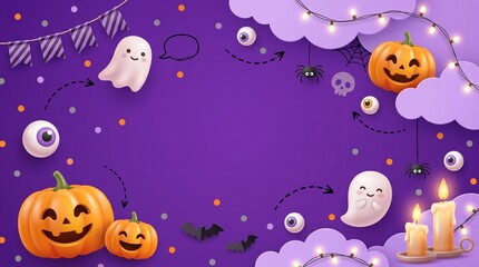 Naklejka premium Cute halloween background with smiling pumpkins ghosts and eyeballs on a purple backdrop with festive party lights and decorations for kids and holiday celebrations
