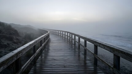 Fototapeta premium Wooden boardwalk on a foggy beach at the ocean coast during a moody overcast day