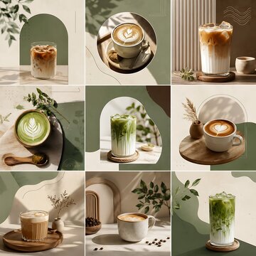 Minimalist coffee and matcha latte collection, aesthetic cafe drinks in earth tones, 9 square social media grid photos