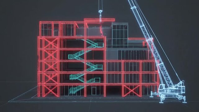 Digital building wireframe and crane construction model