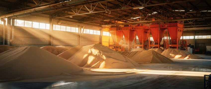 Large piles of sand stored inside an industrial warehouse with orange silos. Sunlight streams through windows illuminating dust motes in a factory facility. Industrial storage and logistics concept.