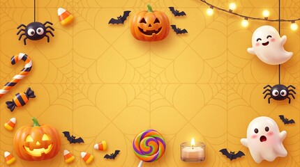 Fototapeta premium Cute pixel art halloween background with pumpkins ghosts spiders bats candy and lights on an orange backdrop