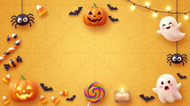 Cute pixel art halloween background with pumpkins ghosts spiders bats candy and lights on an orange backdrop