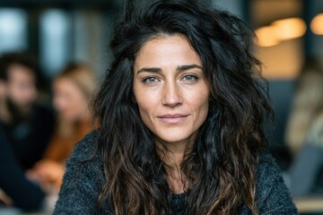 Obraz premium A professional middle-aged woman with long dark hair looking at the camera in a blurred office setting.