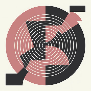 Abstract geometric composition with concentric circles and intersecting shapes in muted pink and dark grey.