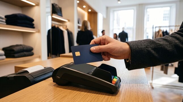 Close-up of a customer making a contactless payment with a blue credit card at a point of sale terminal.