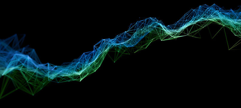 An abstract blue and green low-poly pattern featuring connected lines and triangles