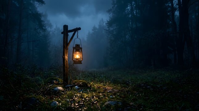 Vintage lantern hanging on a wooden post in a dark misty forest at night