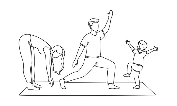 Continuous line of a family doing yoga exercises together on a mat, mother bending forward, father in a lunge pose, and a happy child playing, active home lifestyle