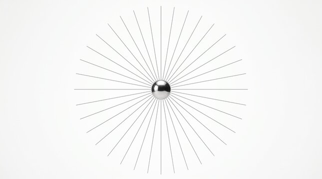 Small charged sphere with radiating field lines, electric field physics concept on white background