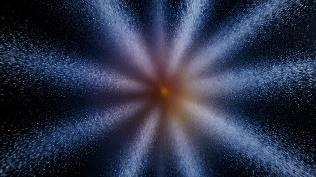 Cosmic energy burst: particle wave, colorful emission, dynamic blast, stellar expansion, slow motion, bright flash, dust explosion, abstract space.