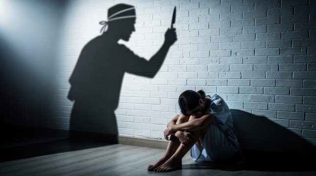 Scared woman in hospital gown cowering before menacing shadow with knife. Patient exhibiting fear of medical professional in clinic. Malpractice concept for legal and safety campaigns.
