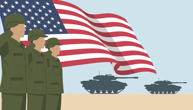Patriotic military illustration with three soldiers saluting in front of waving american flag and battle tanks.
