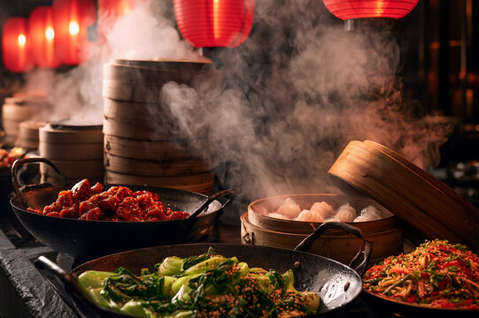 Asian buffet line featuring stacked bamboo steamers and wok dishes