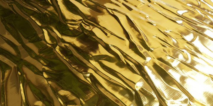 Abstract metallic gold crumpled surface with irregular folded texture strong reflective highlights warm golden tones glossy material 3D background luxury design abstract texture
