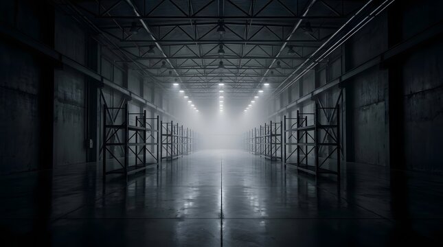Empty industrial warehouse interior with metal shelving and dramatic moody lighting