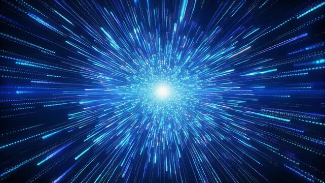 Abstract blue light streaks zooming through hyperspace during a cosmic journey with glowing particles