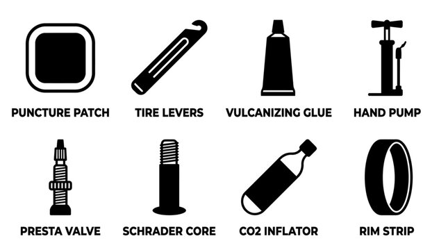 Set of black and white puncture patch tire levers vulcanizing glue hand pump presta valve schrader core co2 inflator rim strip bicycle maintenance icons with puncture vulcanizing schrader inflator