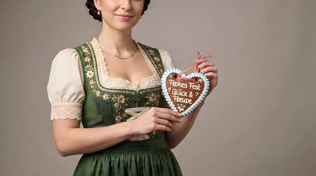 A smiling young woman wearing a traditional green German dirndl dress holds a decorated gingerbread heart cookie with the text 'Frohes Fest Glueck & Freude'. Ideal for Oktoberfest, Bavarian culture...