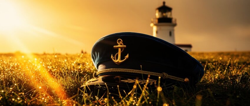 Captain's hat with gold anchor emblem resting in dew-covered grass at sunset. Nautical cap sits in front of a blurred coastal lighthouse during golden hour. Marine leadership and retirement concept.