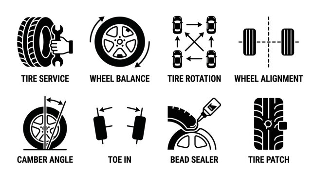 Wheel and tire alignment service icons including rotation balance camber angle toe in and patch with alignment rotation automotive mechanic transport handling steering suspension equipment