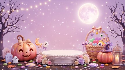 Fototapeta premium Halloween pink display podium with cute pumpkins ghost basket of candy and full moon in a magical night forest for product presentation